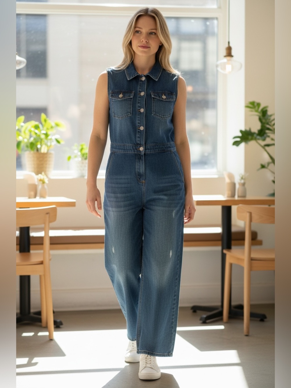 BV18 Bluevelvet Sleeveless Dark Blue Denim Wide-Leg Jumpsuit